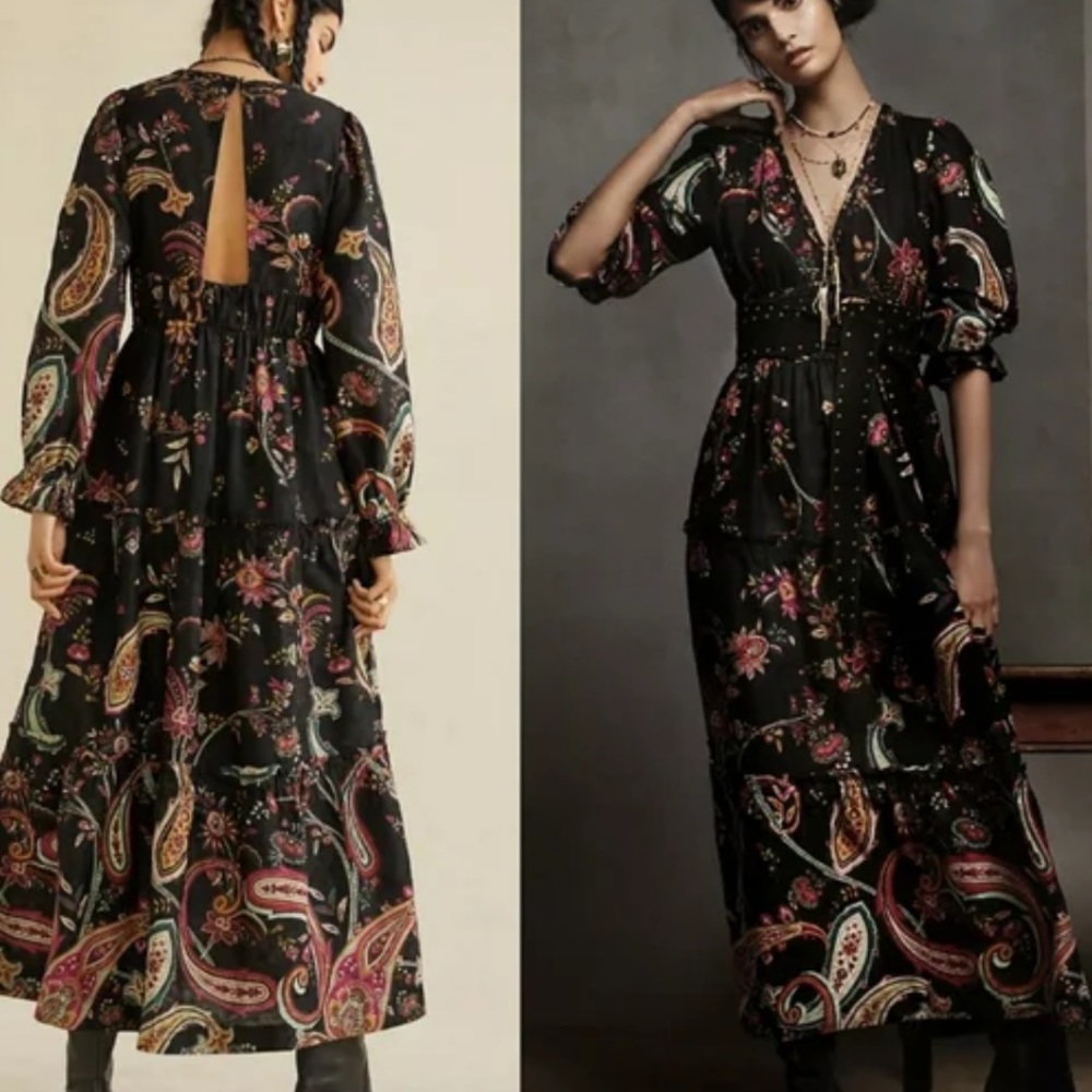 Anthropologie Black Paisley Maxi Dress with Pink and Green Accents
